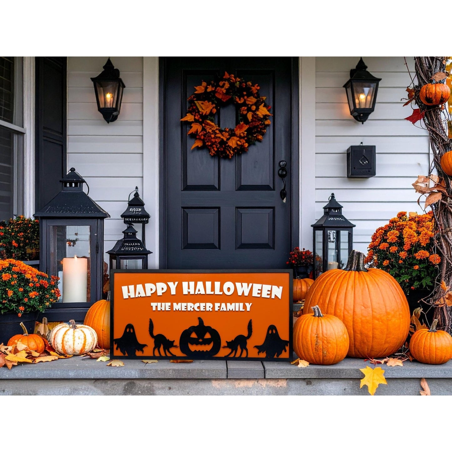 Custom Halloween Sign with Family Name | Spooky Porch, Wall or Front Door Decor | Personalized Ghost, Cat & Pumpkin Silhouette Plaque