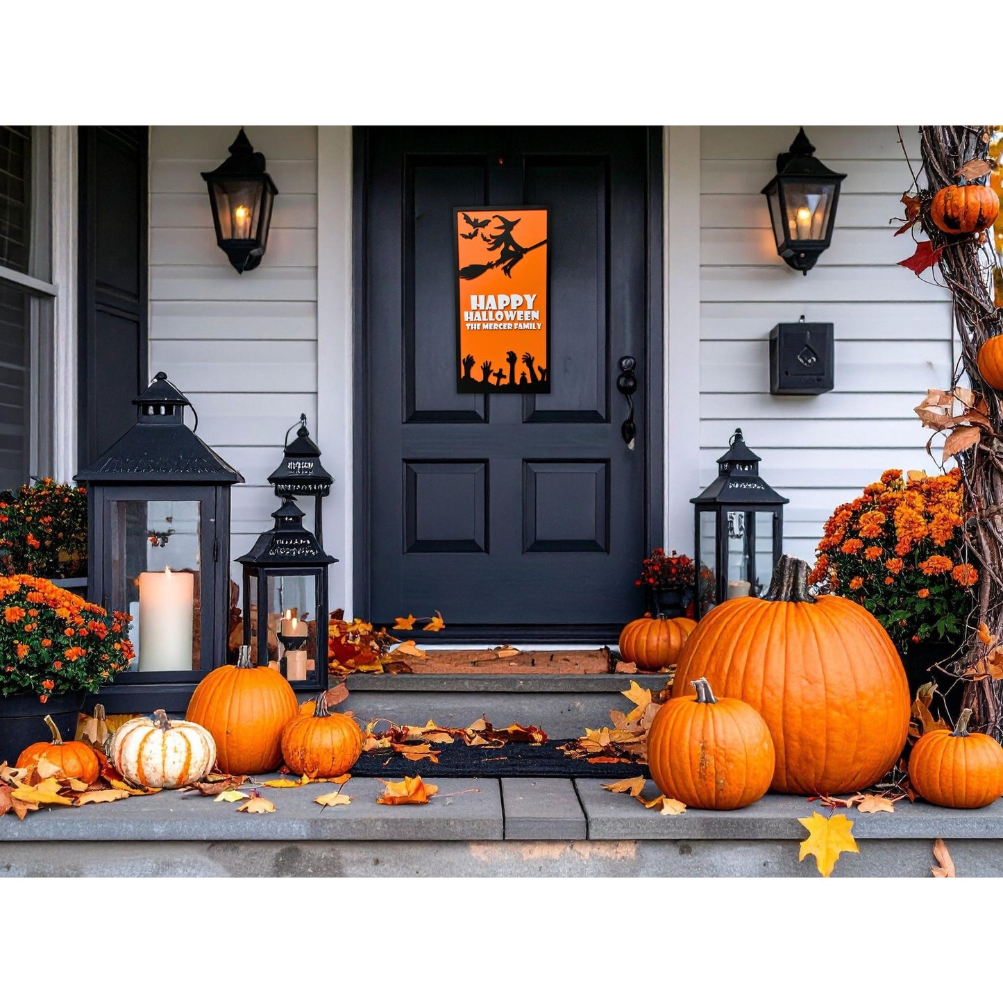 Personalized Halloween Sign: Witch, Bats & Zombie Hands - Custom Family Name