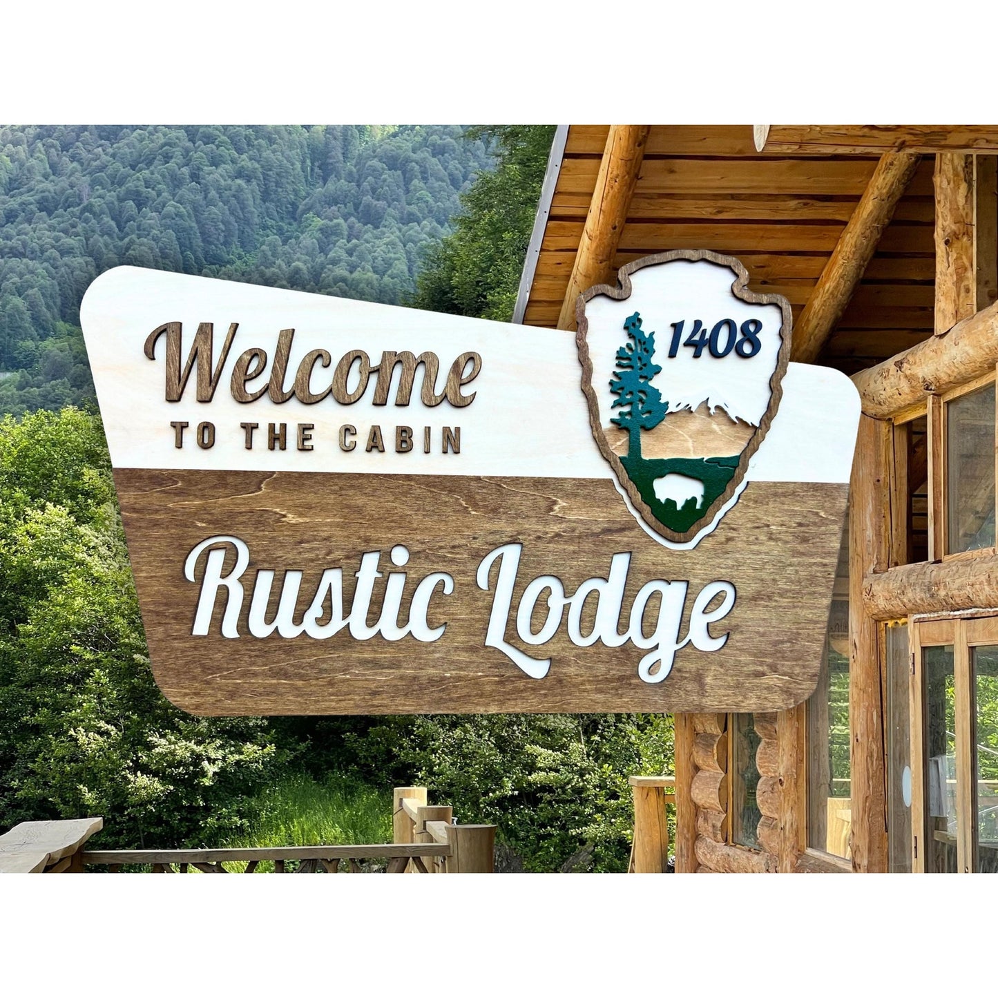 Rustic Wooden Cabin Sign National Park Inspired Personalized Lodge Sign Custom Family Name or House Number Vacation Home Entry Sign