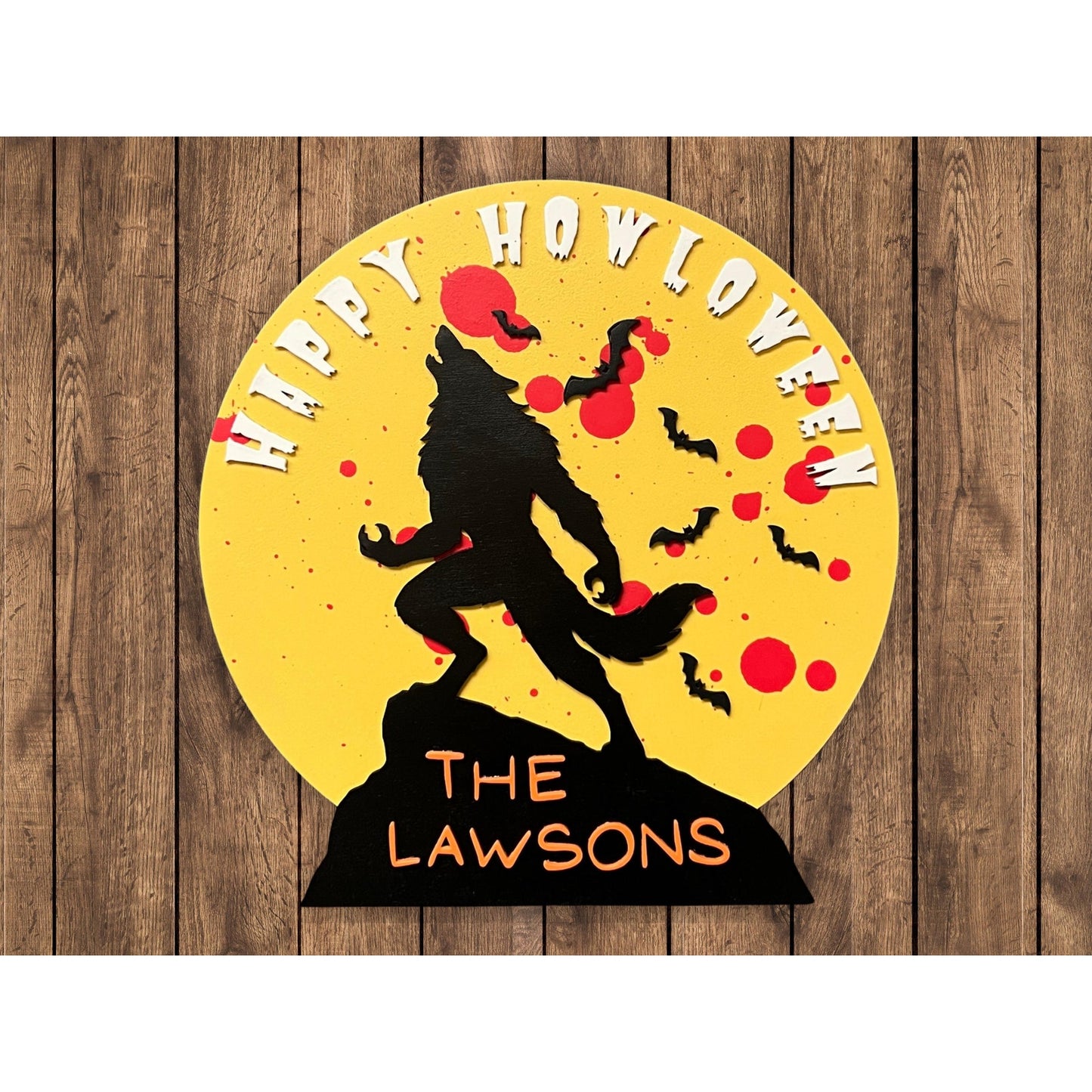 Happy Howloween Halloween Sign Personalized Halloween Werewolf Wall Decor with Family Name Rustic Wooden Door Sign