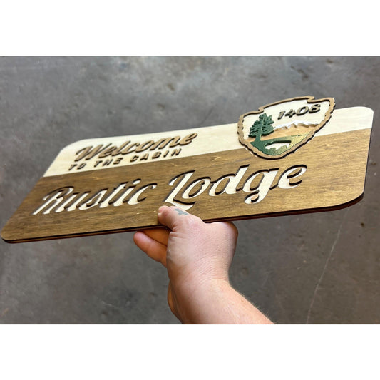 Rustic Wooden Cabin Sign National Park Inspired Personalized Lodge Sign Custom Family Name or House Number Vacation Home Entry Sign