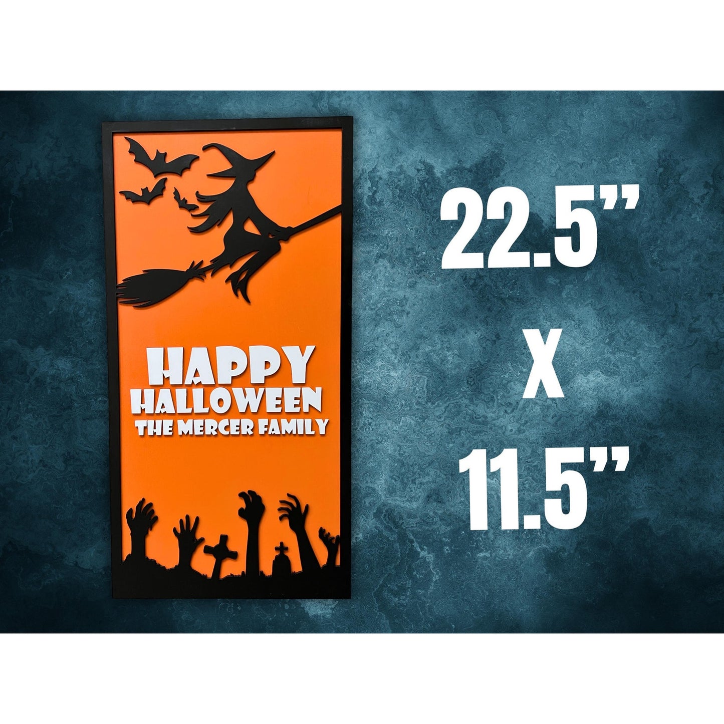 Personalized Halloween Sign: Witch, Bats & Zombie Hands - Custom Family Name