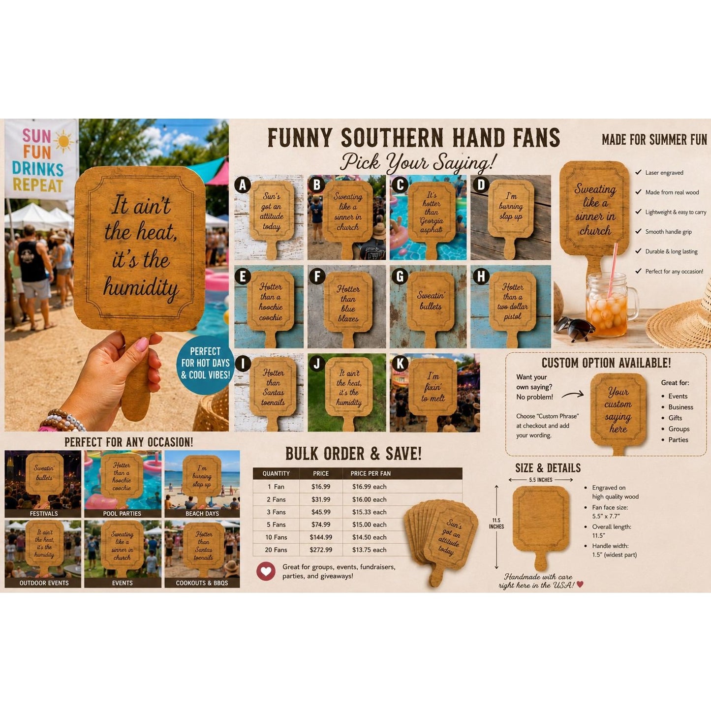 Funny Southern Hand Fan, Southern Saying Fan, Wooden Festival Fan, Country Humor Fan, Pool Party Fan, Summer Gift, Personalized Fan