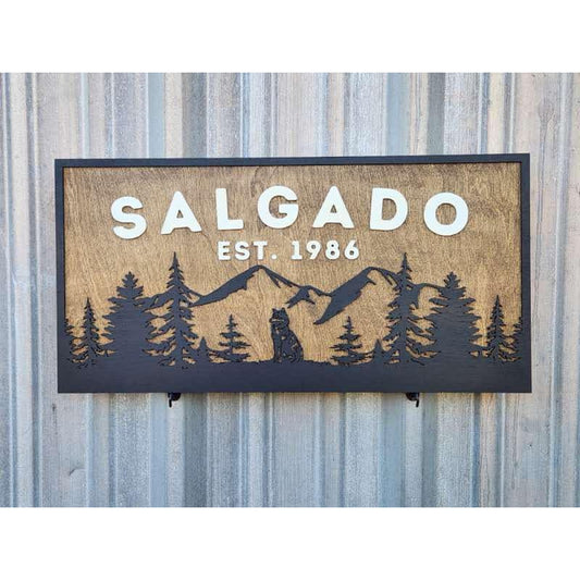 Personalized Rustic Wooden Family Name Sign With Mountain, Trees, and a Wolf