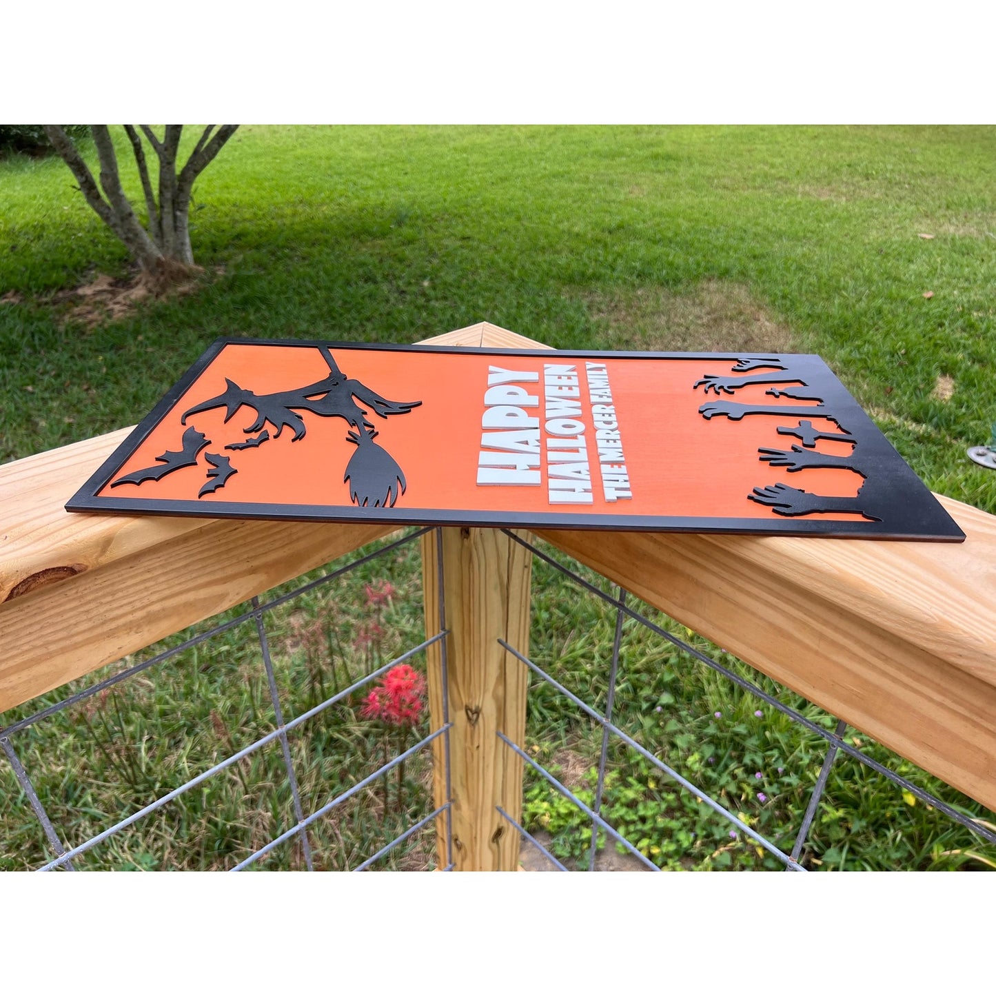 Personalized Halloween Sign: Witch, Bats & Zombie Hands - Custom Family Name