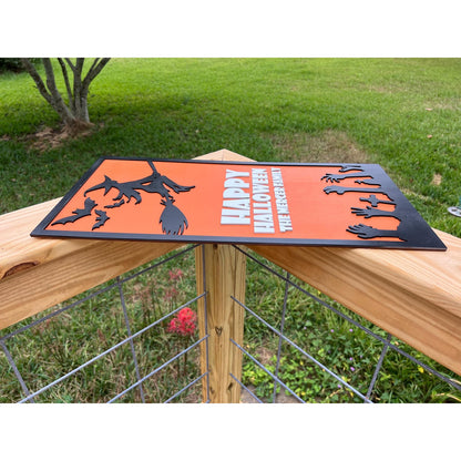 Personalized Halloween Sign: Witch, Bats & Zombie Hands - Custom Family Name