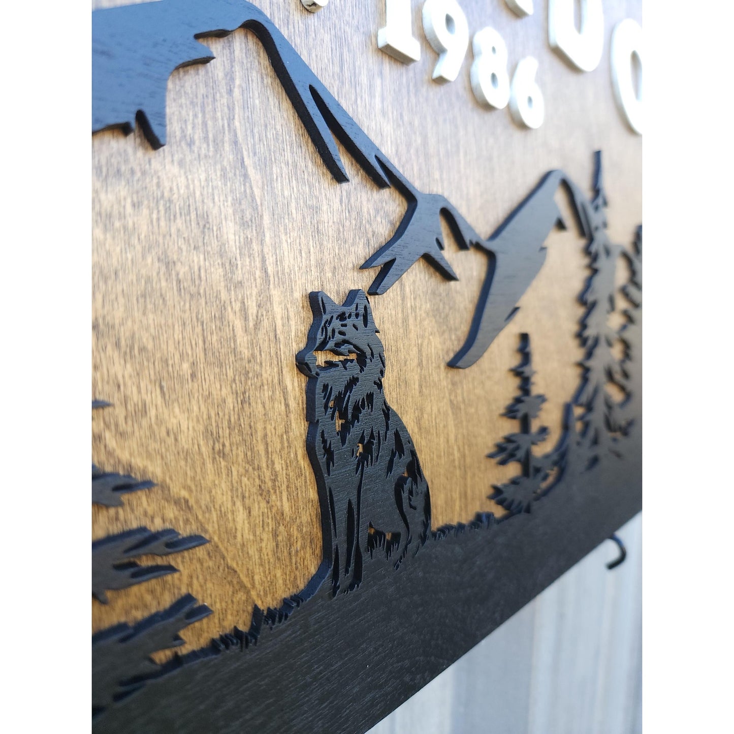 Personalized Rustic Wooden Family Name Sign With Mountain, Trees, and a Wolf