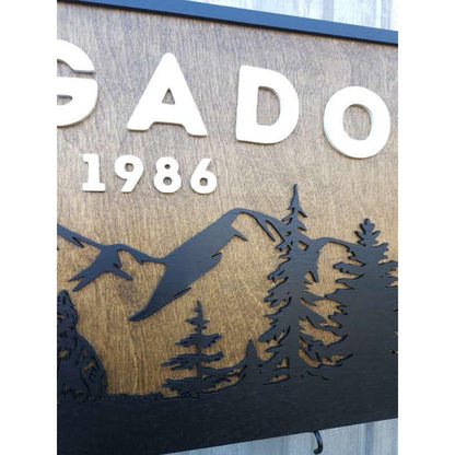 Personalized Rustic Wooden Family Name Sign With Mountain, Trees, and a Wolf