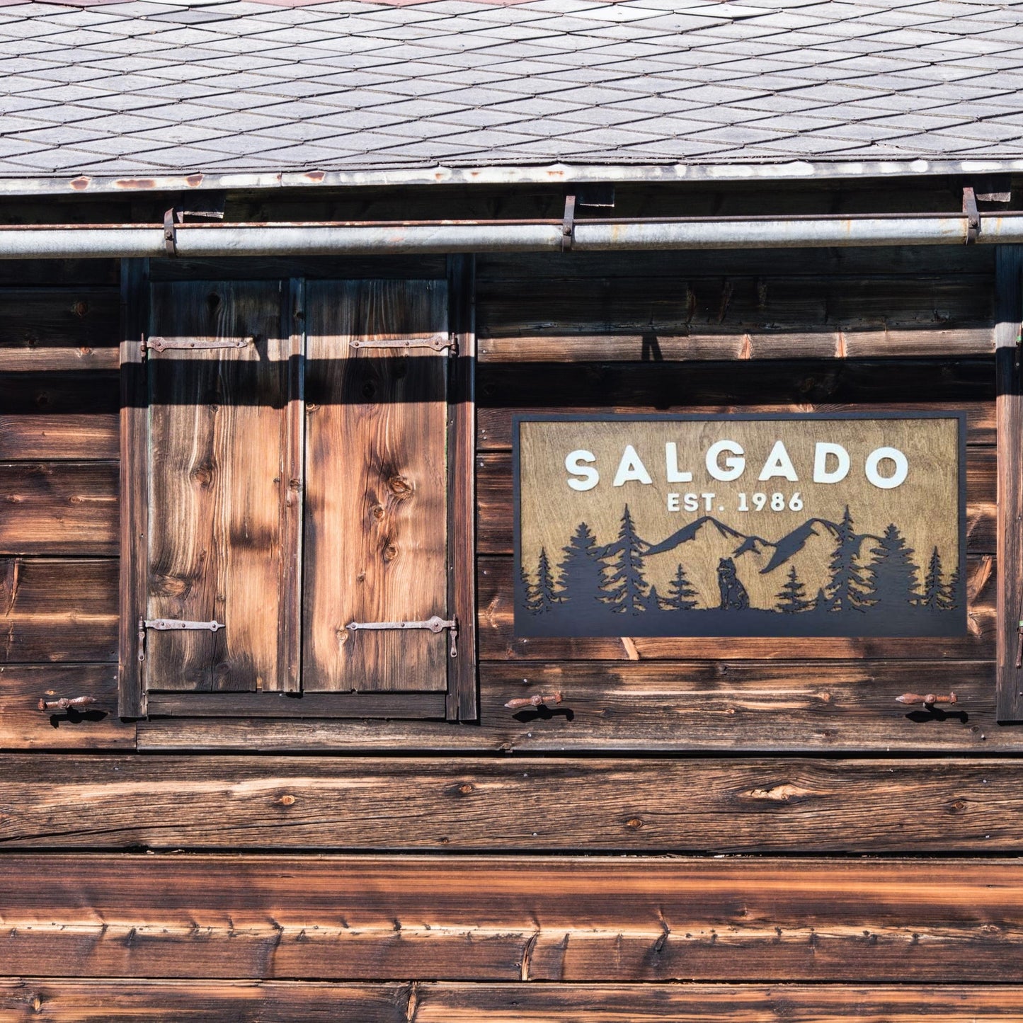 Personalized Rustic Wooden Family Name Sign With Mountain, Trees, and a Wolf