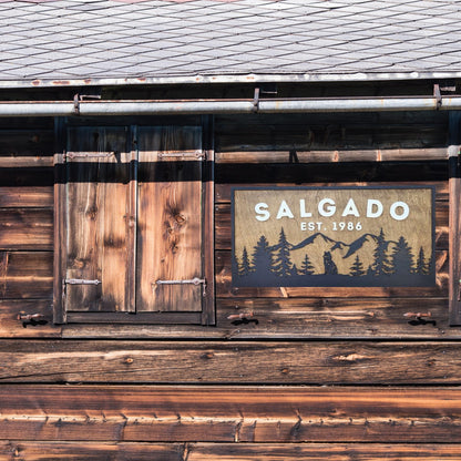 Personalized Rustic Wooden Family Name Sign With Mountain, Trees, and a Wolf