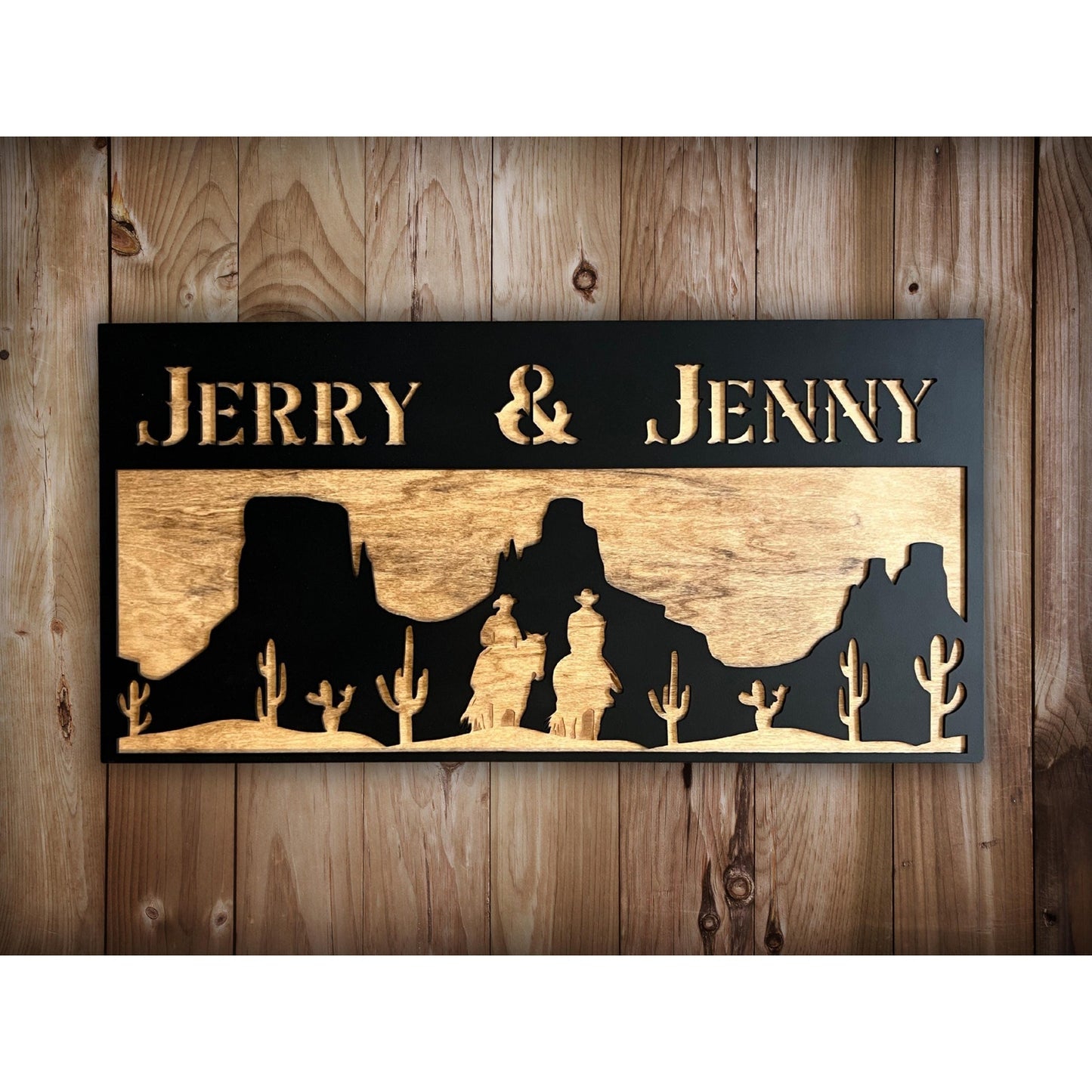 Personalized Western Desert Sign Custom Wooden Wall Decor Rustic Cowboy Silhouette Married Lovers Family Name Plaque