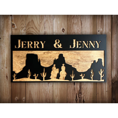 Personalized Western Desert Sign Custom Wooden Wall Decor Rustic Cowboy Silhouette Married Lovers Family Name Plaque