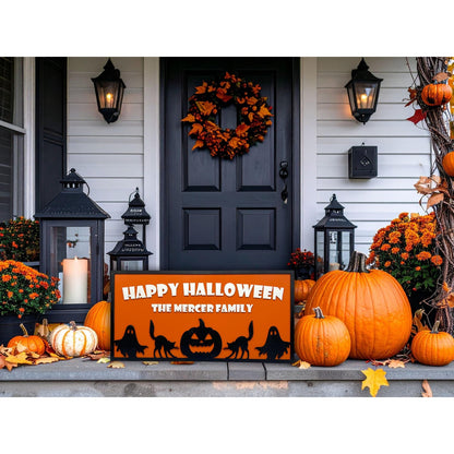 Custom Halloween Sign with Family Name | Spooky Porch, Wall or Front Door Decor | Personalized Ghost, Cat & Pumpkin Silhouette Plaque