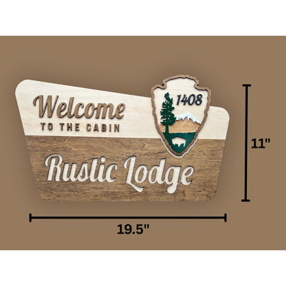 Rustic Wooden Cabin Sign National Park Inspired Personalized Lodge Sign Custom Family Name or House Number Vacation Home Entry Sign