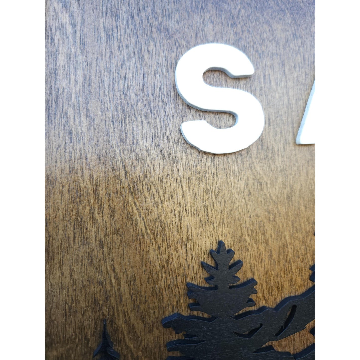 Personalized Rustic Wooden Family Name Sign With Mountain, Trees, and a Wolf