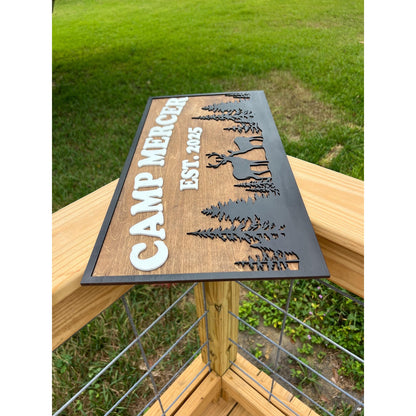 Custom Camp Sign with Deer & Trees | Personalized Cabin, Lake House, River House, Hunting Camp, Man Cave or Bar Decor