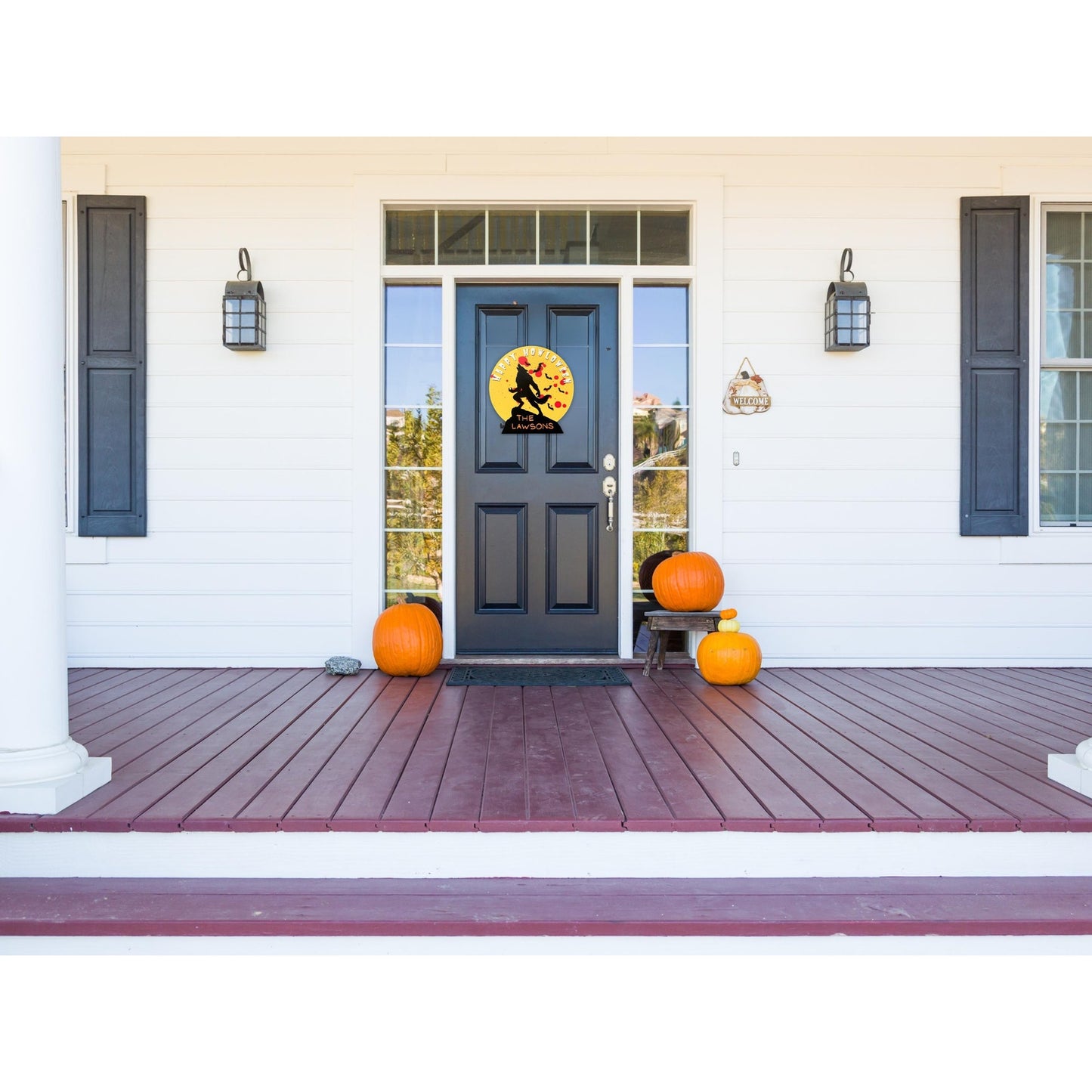Happy Howloween Halloween Sign Personalized Halloween Werewolf Wall Decor with Family Name Rustic Wooden Door Sign
