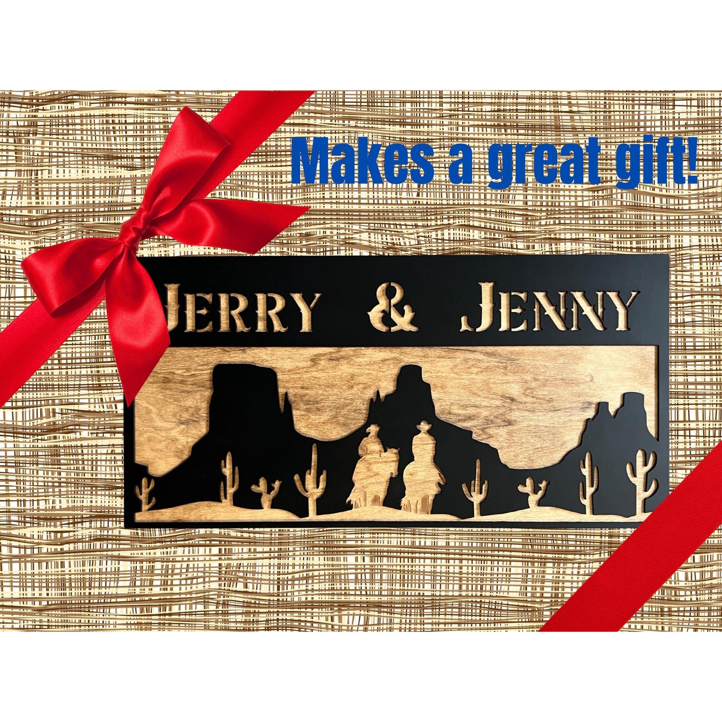Personalized Western Desert Sign Custom Wooden Wall Decor Rustic Cowboy Silhouette Married Lovers Family Name Plaque
