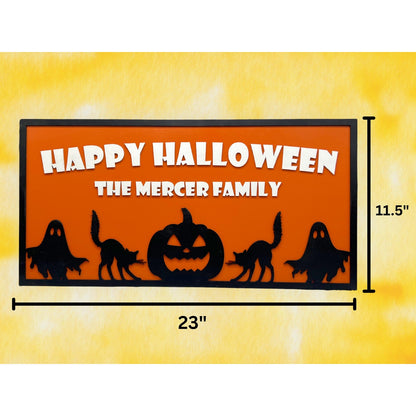 Custom Halloween Sign with Family Name | Spooky Porch, Wall or Front Door Decor | Personalized Ghost, Cat & Pumpkin Silhouette Plaque