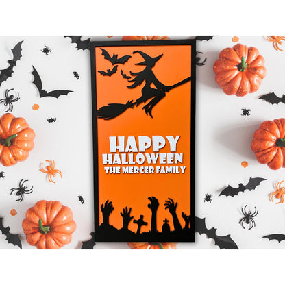 Personalized Halloween Sign: Witch, Bats & Zombie Hands - Custom Family Name