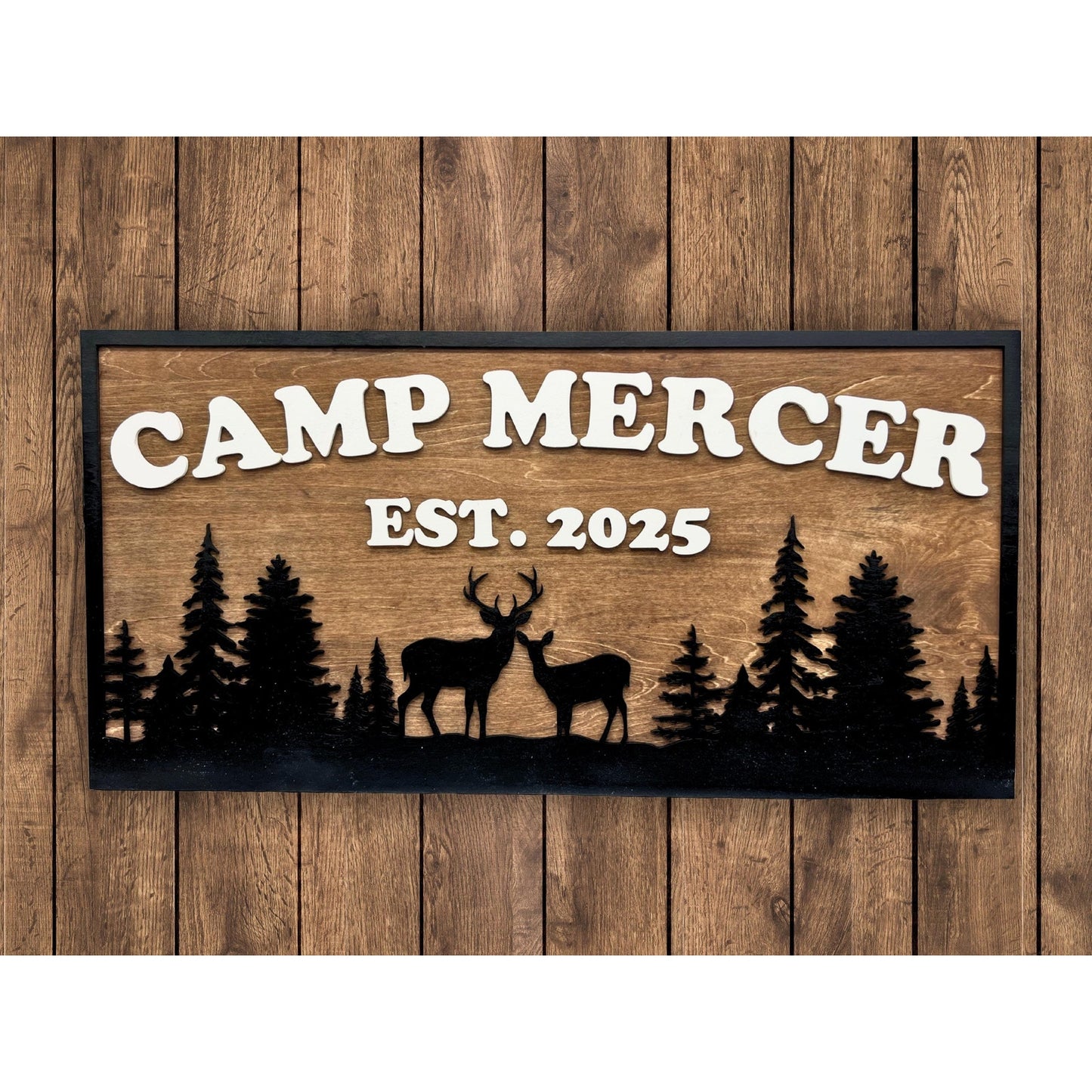 Custom Camp Sign with Deer & Trees | Personalized Cabin, Lake House, River House, Hunting Camp, Man Cave or Bar Decor