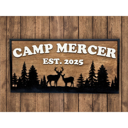 Custom Camp Sign with Deer & Trees | Personalized Cabin, Lake House, River House, Hunting Camp, Man Cave or Bar Decor