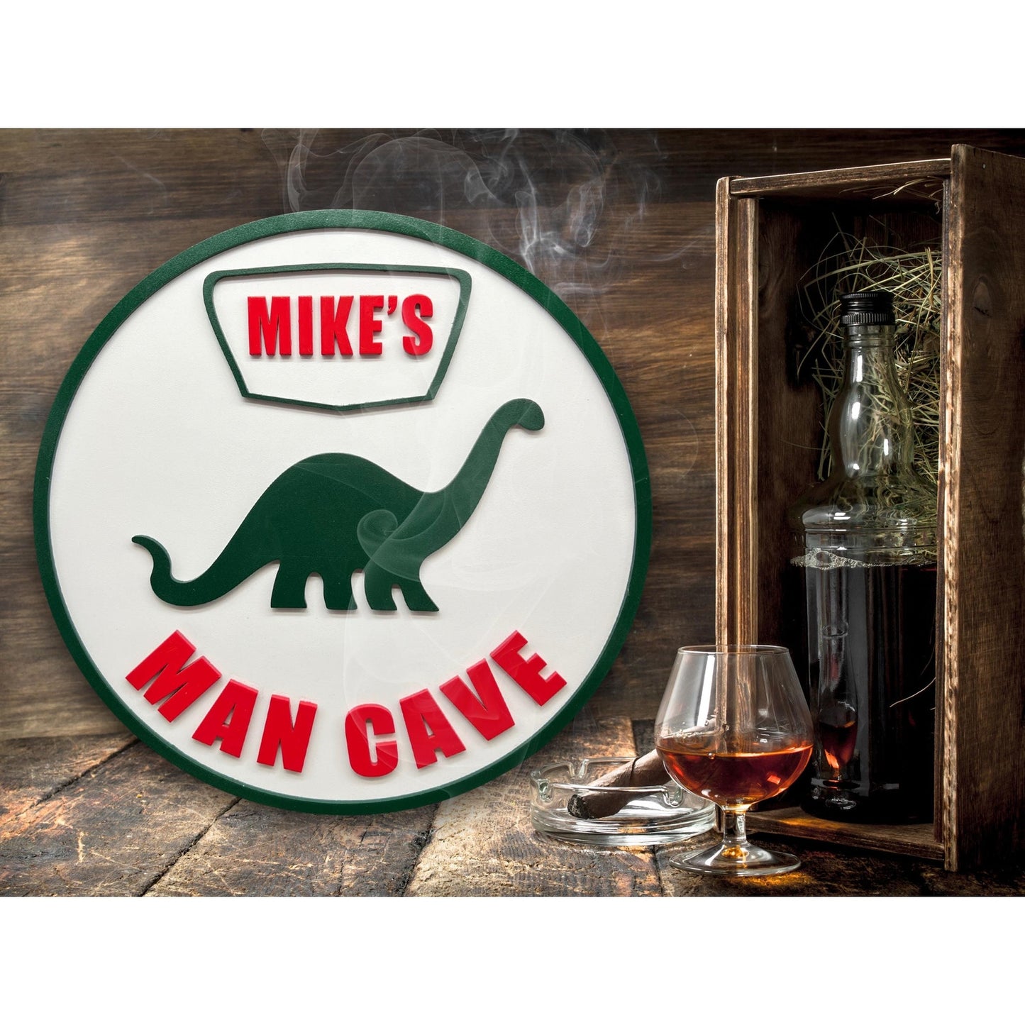 Custom Sinclair Dinosaur Man Cave Sign – Personalized Name – 11.5” Gas Station Style Wall Decor for Garage, Bar, Game Room, Shop Gift