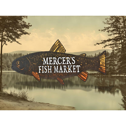 Personalized Fish Market Sign Custom Wooden Business Sign Rustic Wall Decor Family Name Fishing Cabin Plaque