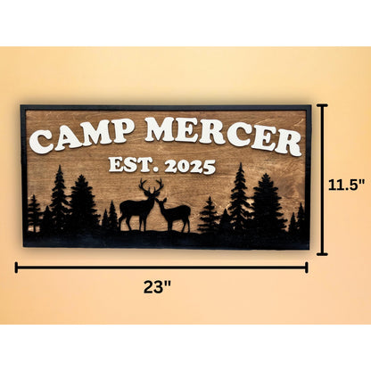 Custom Camp Sign with Deer & Trees | Personalized Cabin, Lake House, River House, Hunting Camp, Man Cave or Bar Decor