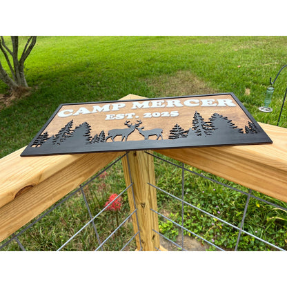 Custom Camp Sign with Deer & Trees | Personalized Cabin, Lake House, River House, Hunting Camp, Man Cave or Bar Decor