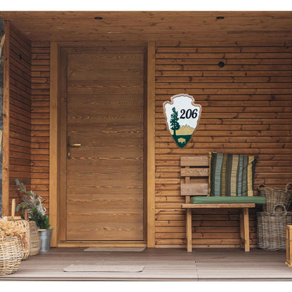 Rustic Cabin House Number Sign: Personalized National Park Style Wooden Lodge Decor