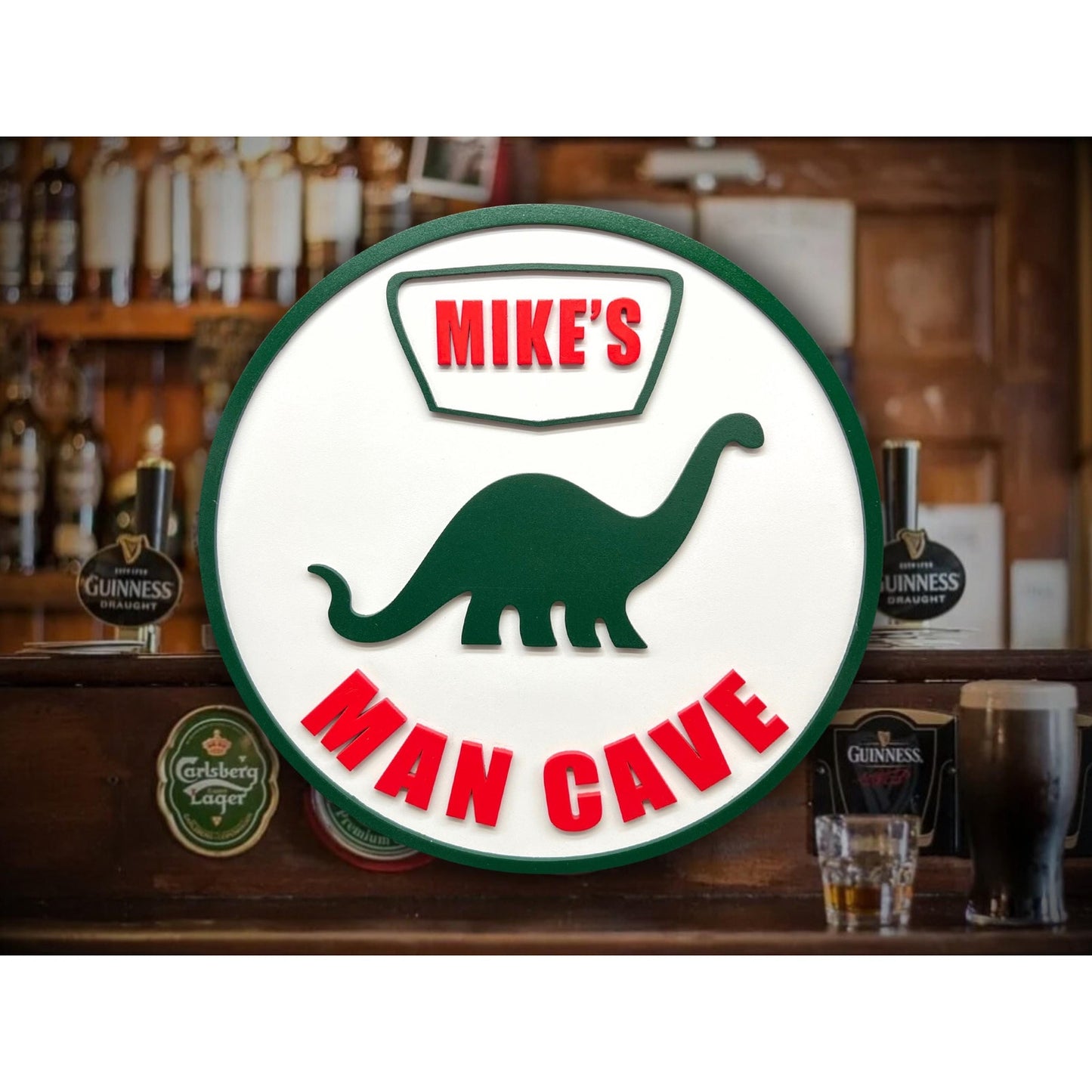 Custom Sinclair Dinosaur Man Cave Sign – Personalized Name – 11.5” Gas Station Style Wall Decor for Garage, Bar, Game Room, Shop Gift