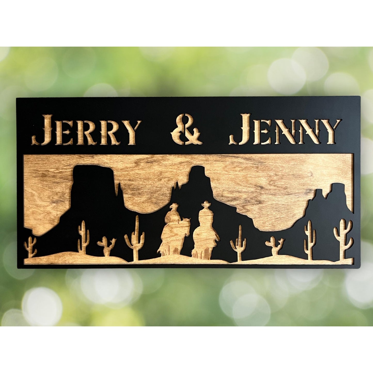 Personalized Western Desert Sign Custom Wooden Wall Decor Rustic Cowboy Silhouette Married Lovers Family Name Plaque