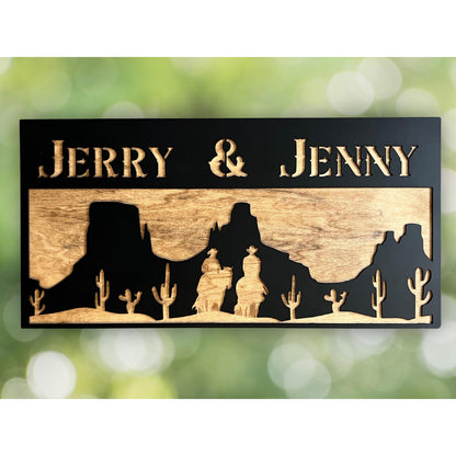Personalized Western Desert Sign Custom Wooden Wall Decor Rustic Cowboy Silhouette Married Lovers Family Name Plaque