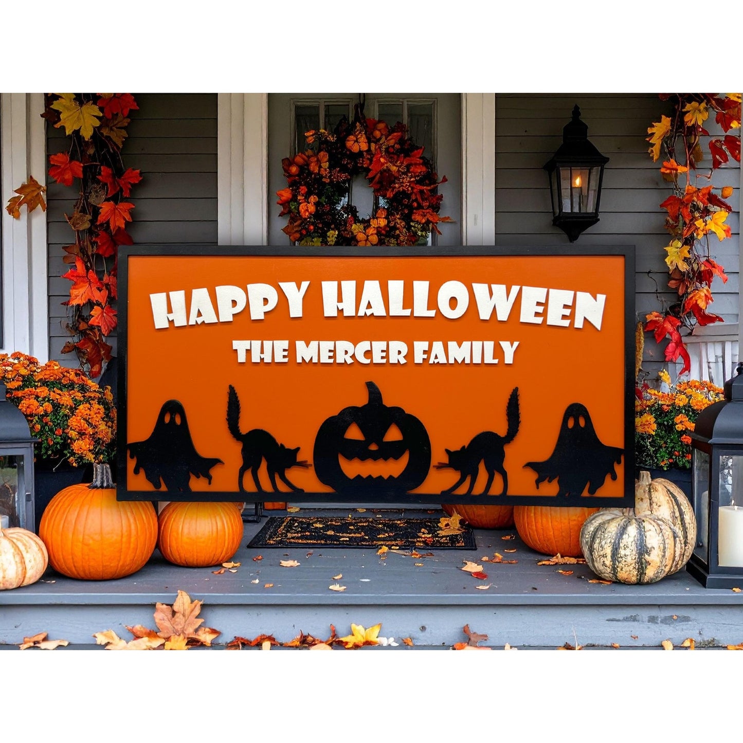 Custom Halloween Sign with Family Name | Spooky Porch, Wall or Front Door Decor | Personalized Ghost, Cat & Pumpkin Silhouette Plaque