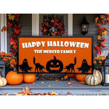 Custom Halloween Sign with Family Name | Spooky Porch, Wall or Front Door Decor | Personalized Ghost, Cat & Pumpkin Silhouette Plaque