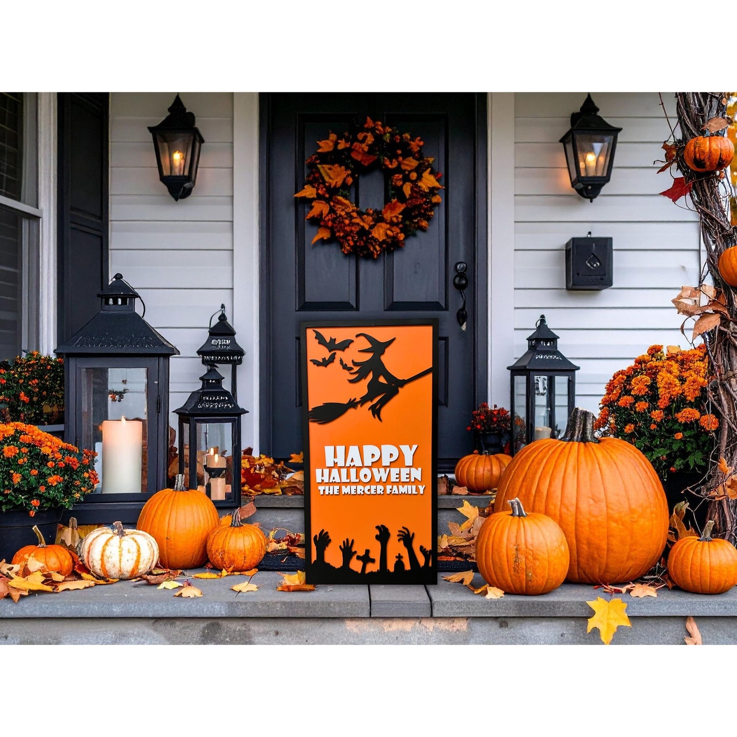 Personalized Halloween Sign: Witch, Bats & Zombie Hands - Custom Family Name