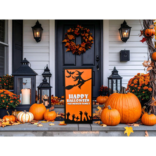 Personalized Halloween Sign: Witch, Bats & Zombie Hands - Custom Family Name