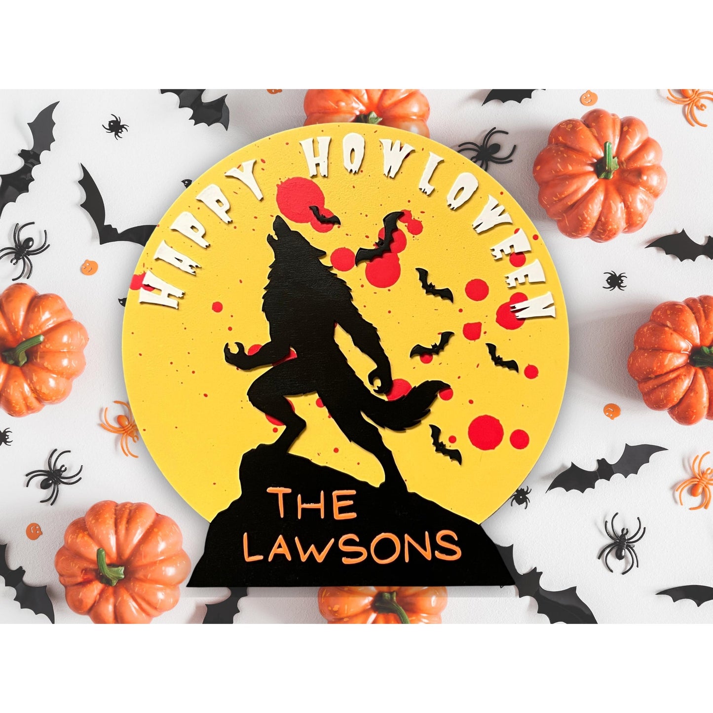 Happy Howloween Halloween Sign Personalized Halloween Werewolf Wall Decor with Family Name Rustic Wooden Door Sign