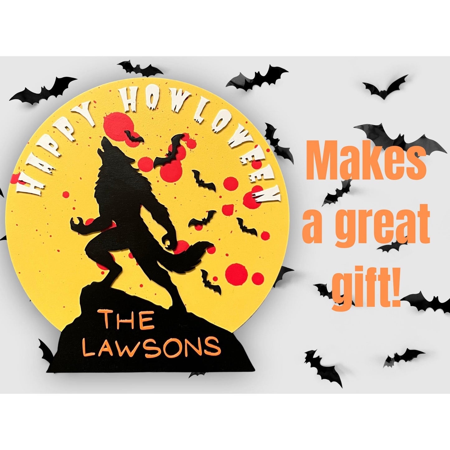 Happy Howloween Halloween Sign Personalized Halloween Werewolf Wall Decor with Family Name Rustic Wooden Door Sign