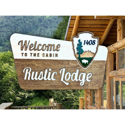 Rustic Wooden Cabin Sign National Park Inspired Personalized Lodge Sign Custom Family Name or House Number Vacation Home Entry Sign