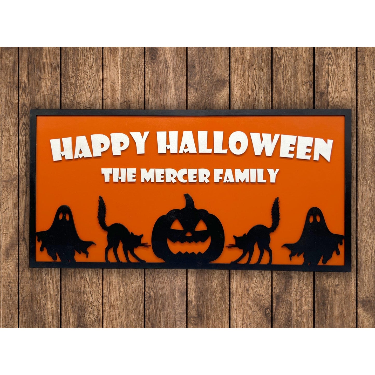 Custom Halloween Sign with Family Name | Spooky Porch, Wall or Front Door Decor | Personalized Ghost, Cat & Pumpkin Silhouette Plaque