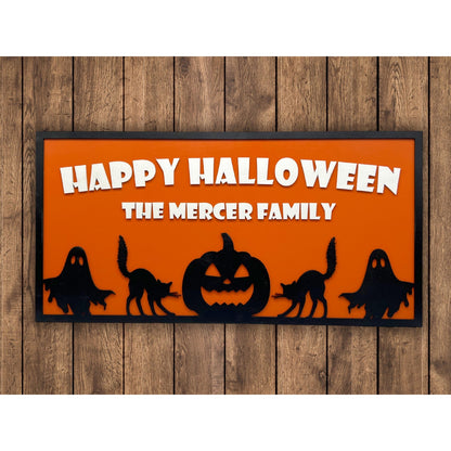 Custom Halloween Sign with Family Name | Spooky Porch, Wall or Front Door Decor | Personalized Ghost, Cat & Pumpkin Silhouette Plaque