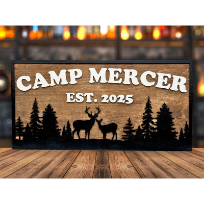 Custom Camp Sign with Deer & Trees | Personalized Cabin, Lake House, River House, Hunting Camp, Man Cave or Bar Decor