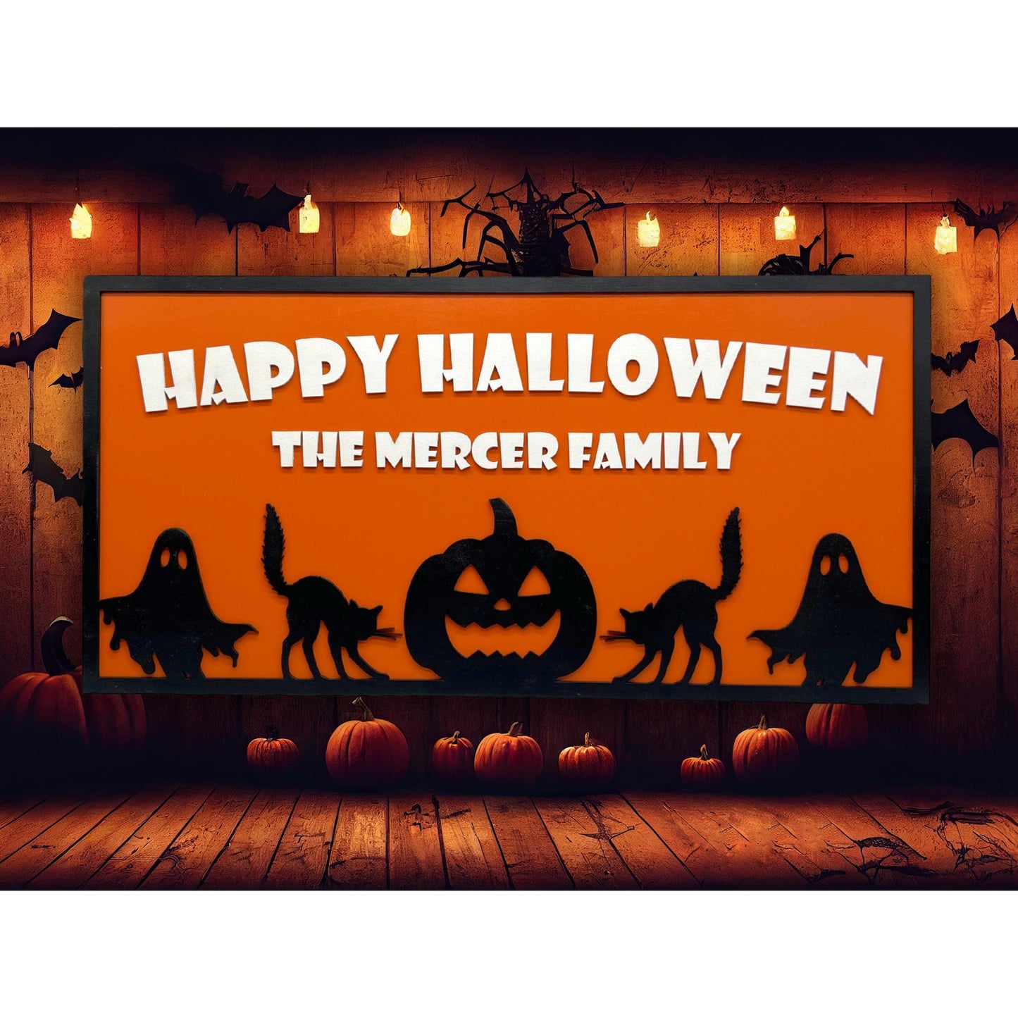 Custom Halloween Sign with Family Name | Spooky Porch, Wall or Front Door Decor | Personalized Ghost, Cat & Pumpkin Silhouette Plaque