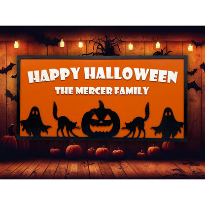 Custom Halloween Sign with Family Name | Spooky Porch, Wall or Front Door Decor | Personalized Ghost, Cat & Pumpkin Silhouette Plaque