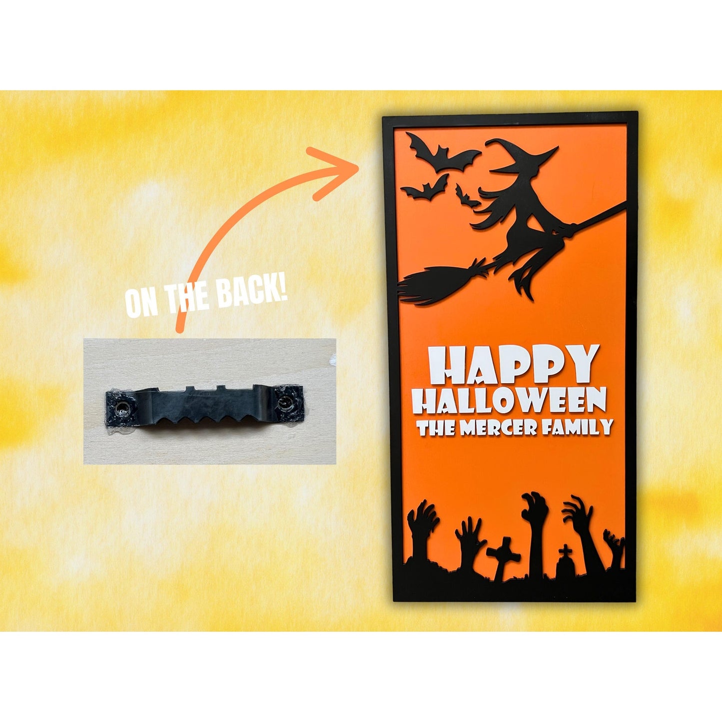 Personalized Halloween Sign: Witch, Bats & Zombie Hands - Custom Family Name