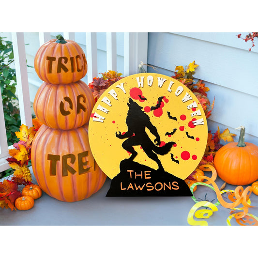 Happy Howloween Halloween Sign Personalized Halloween Werewolf Wall Decor with Family Name Rustic Wooden Door Sign