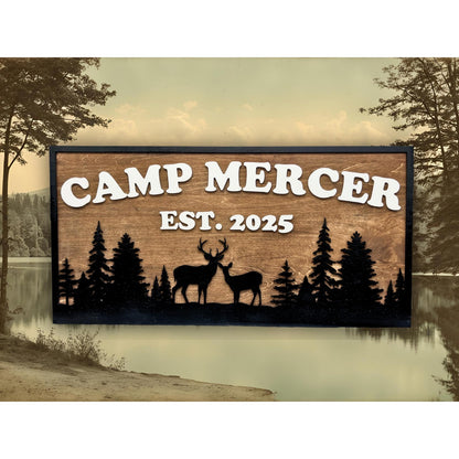 Custom Camp Sign with Deer & Trees | Personalized Cabin, Lake House, River House, Hunting Camp, Man Cave or Bar Decor