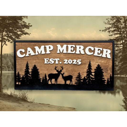 Custom Camp Sign with Deer & Trees | Personalized Cabin, Lake House, River House, Hunting Camp, Man Cave or Bar Decor